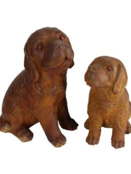 Two brown dog statues, one larger and one smaller, sit side by side against a white background. The statues are from UrbanCrete Deep Bowl Cement S 70x61cm (Copy).