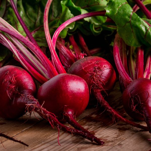 Freshly harvested Beetroot 'Bull's Blood' 4" Pot boasts vibrant leafy green tops, resting on a wooden surface, ready to enhance your garden.