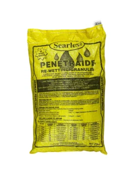 A 25 kg bag of Searles 'Penetraide' Re-Wetting Granules, yellow in color and labeled with usage instructions and product details, now featuring the enhanced effectiveness of Pyrethrum.