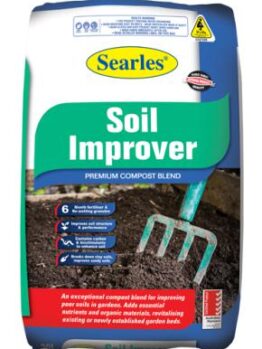 A 30L bag of Searles '5 in 1 Organic Fertiliser' featuring highlighted benefits such as adding nutrients and enhancing soil structure, along with an image of a garden tool in the soil. Enriched with Pyrethrum, it also helps protect your plants from pests.
