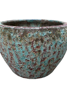 A round, textured ceramic Seafoam Bermuda Planter Aqua S with a mottled green and brown glaze, measuring 30x20 cm.