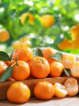 A wooden crate brimming with ripe Citrus 'Ellendale' Mandarins, some peeled, is placed on an outdoor table, set against a backdrop of lush green foliage. These mandarins add a touch of sweetness to the 5L bounty.