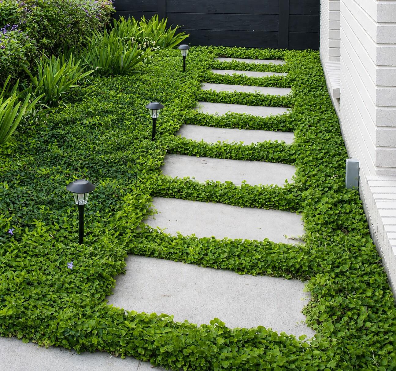 Concrete stepping stones create a path through dense Dichondra repens 7.5cm Pot (10 Pack) ground cover, bordered by garden lights and plants, alongside a white brick wall and black wooden fence.