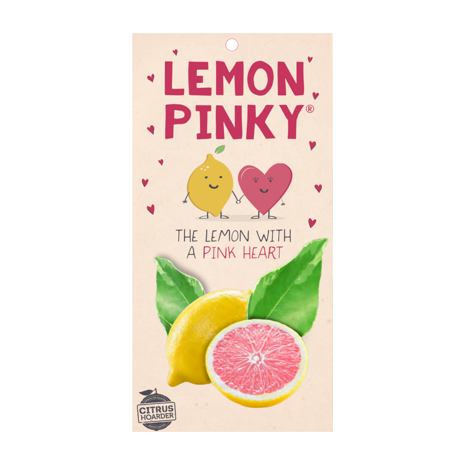The Citrus 'Lemon Pinky' Lemon 7" Pot packaging showcases a cheerful cartoon lemon with a pink heart, accompanied by the text: "The lemon with a pink heart." A vibrant citrus slice highlights the Lemon Pot charm.