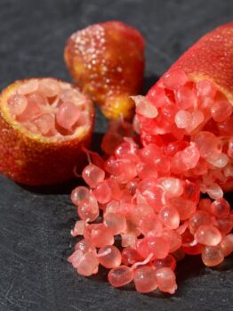 Close-up of a sliced Citrus 'Red Centre' Finger Lime from a 7" pot, showcasing its caviar-like, translucent pink citrus pulp spilling out onto a dark surface.