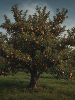A lush apple tree laden with red apples stands in a grassy orchard under a clear sky.