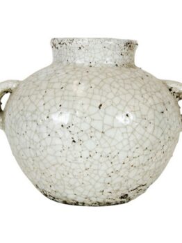 The Tang Urn with Handles Rustic White 21x20cm offers a timeless charm reminiscent of an ancient urn, featuring a rustic, round ceramic design with two handles and a cracked texture pattern.