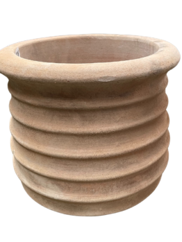 Clay pot with a ribbed design and a rounded rim.
