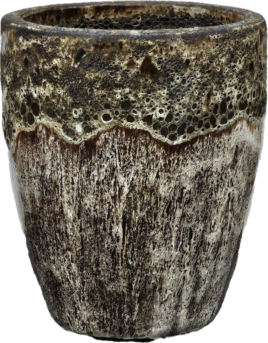 A textured brown and black ceramic cup with a rough, stone-like appearance and uneven surface.