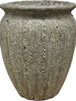 The Sorrento Sofia Urn in Coral Black, sized 34x43cm, features a textured round stone design with a wide rim and porous surface, adding elegance to any space.