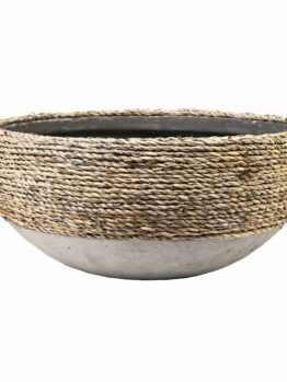The UrbanStyle Egg with Leg BlackStone M 48x81cm features a two-tone design: a smooth, light gray concrete base and a textured woven-like upper half. Its modern aesthetic brings a chic touch to any space.