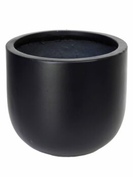 A smooth, matte black cylindrical vase with a wide opening and no visible decorations, set against a plain white background.