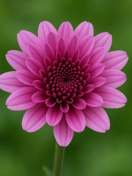 Close-up of a single pink daisy-like flower with layered petals, centered against a blurred green background.
