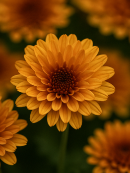 Chrysanthemum ‘Milkshake Papaya Orange’ in a 6" pot, shown in bloom with vibrant flowers and a dark green background—ideal for adding color to any space.