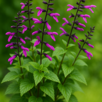 A cluster of green leafy stems of Salvia 'Lake Garda' 4" Pot, featuring tall spikes of purple tubular flowers set against a blurred green background.