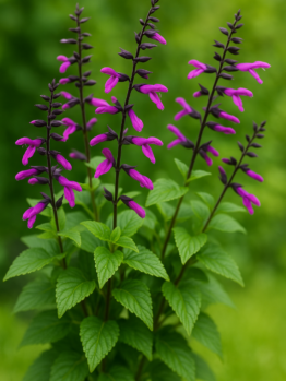 A cluster of green leafy stems of Salvia 'Lake Garda' 4" Pot, featuring tall spikes of purple tubular flowers set against a blurred green background.