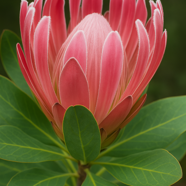 A close-up of the Leucospermum ‘So® Exquisite’ in a 6" pot displays its detailed pink petals and lush green leaves, highlighting the flower’s soft texture against a softly blurred natural background.