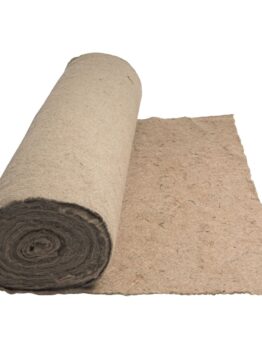 A partially unrolled beige insulation sheet displays its texture and thickness next to a Tree Stake Timber 38mmx38mmx1500mm (Copy) for scale.
