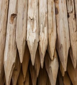 A close-up view of several Garden Stake Timber (25mmx25mmx1500mm) logs with pointed ends stacked vertically.