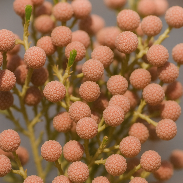 Close-up of round, textured orange-brown seed pods on thin yellow stems with green shoots. Berzelia 'Buttonbush Rose' in a 6" pot adds unique texture to any collection.