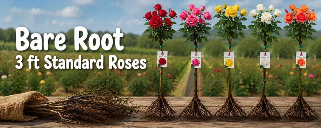 Five bare-rooted plants with coloured blooms stand upright in a field, labelled as "Bare Root 3 ft Standard Roses." A bundle of bare roots lies on a hessian cloth to the left.