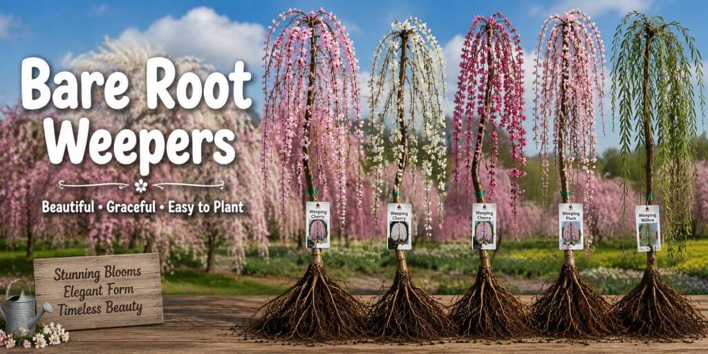 Five bare-root weeping cherry trees with labelled tags are displayed in a row, with blossoming trees and a blue sky in the background. Text highlights these bare-rooted plants as easy to plant and stunningly beautiful.