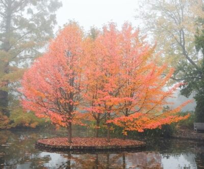 Three trees with orange and pink autumn leaves stand on a small circular island surrounded by water, with fallen leaves covering the ground.
