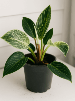 A potted plant with broad, dark green leaves featuring light green veins, placed on a white surface with some soil scattered around the pot.
