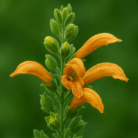 Close-up of Salvia ‘Green Ginger’ in a 4” pot, showcasing its orange flowers with three open petals and green leaves against a blurred green background.