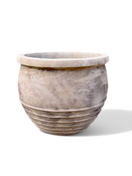 The Antique Terracotta Ribbed Bowl Planter Basalt S (53x45cm) features a round, beige design with a wide rim and horizontal ridges near the base, shown against a white background.