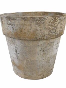 A weathered, empty terracotta flower pot with a wide rim and rough texture, set against a white background.