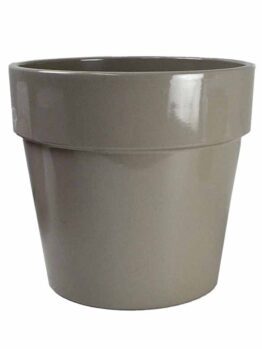 A plain, light brown ceramic flower pot with a wide rim, photographed on a white background.