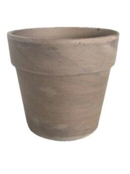 A plain, empty terracotta flower pot with a wide rim, set against a white background.