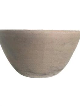 A plain, round, beige clay bowl with a smooth surface and slightly rough texture, photographed against a white background.