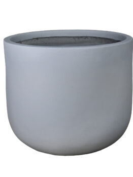 A plain, round, light gray ceramic planter with a smooth surface and no visible decorations, viewed from the front.