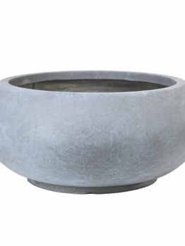Round, wide, grey concrete planter with a smooth, matte finish, featuring a low profile and a circular opening at the top.