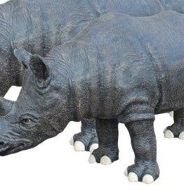 Two rhinoceroses standing side by side, facing left, with visible textured skin and prominent horns.