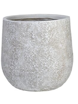 Round, textured concrete planter with a rough, light gray surface and a wide open top, standing empty against a white background.