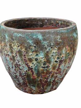 A round ceramic pot with a textured, multicolored glaze featuring green, brown, and red tones on a white background.