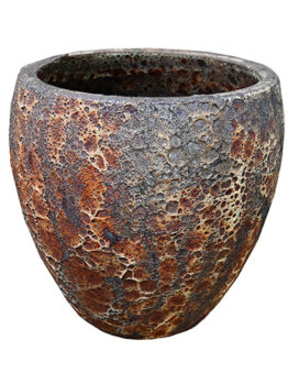 A round, textured ceramic pot with a rough, mottled surface in shades of brown and gray, placed against a white background.