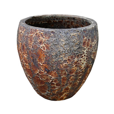 A round, textured ceramic pot with a rough, mottled surface in shades of brown and gray, placed against a white background.