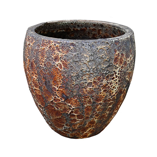 A round, textured ceramic pot with a rough, mottled surface in shades of brown and gray, placed against a white background.