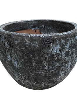 A round, textured, dark gray planter with a mottled surface and a wide opening, photographed against a white background.