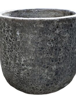 A round, gray, textured concrete planter pot with a porous surface, shown empty against a white background.