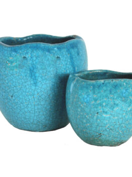 Two Tang Mini with Plug Rustica Blue 13x14cm pots, featuring a blue crackled glaze finish, sit side by side on a white background.