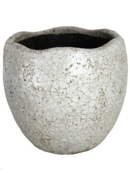 A white, cracked-glaze ceramic pot with an uneven, wavy rim and a rounded shape.