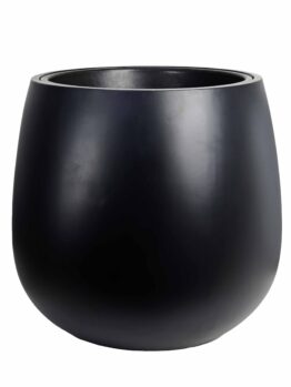 A matte black, round, and smooth planter pot with a wide opening, shown against a plain white background.
