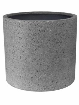 A plain, cylindrical, gray concrete planter with a textured surface and an open top.