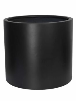 A large, round, black cylindrical planter with a smooth surface and an open top.