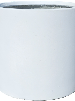 A large, plain white cylindrical planter or container with a smooth surface and an open top.